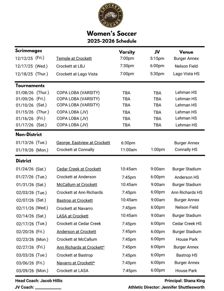 Crockett Girls Soccer Schedule 2025-2026