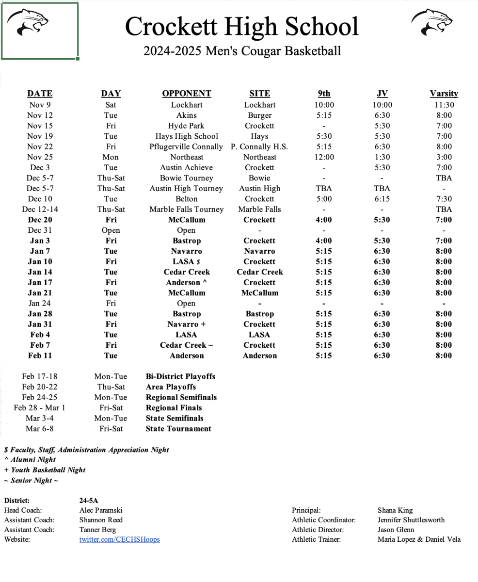 Crockett Men's Basketball Schedule 2024-25