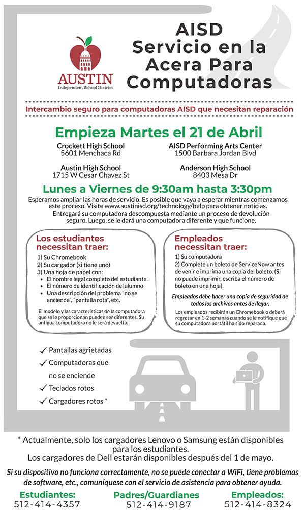AISD COMPUTER CURBSIDE: Beginning Tuesday April 21 (Spanish)